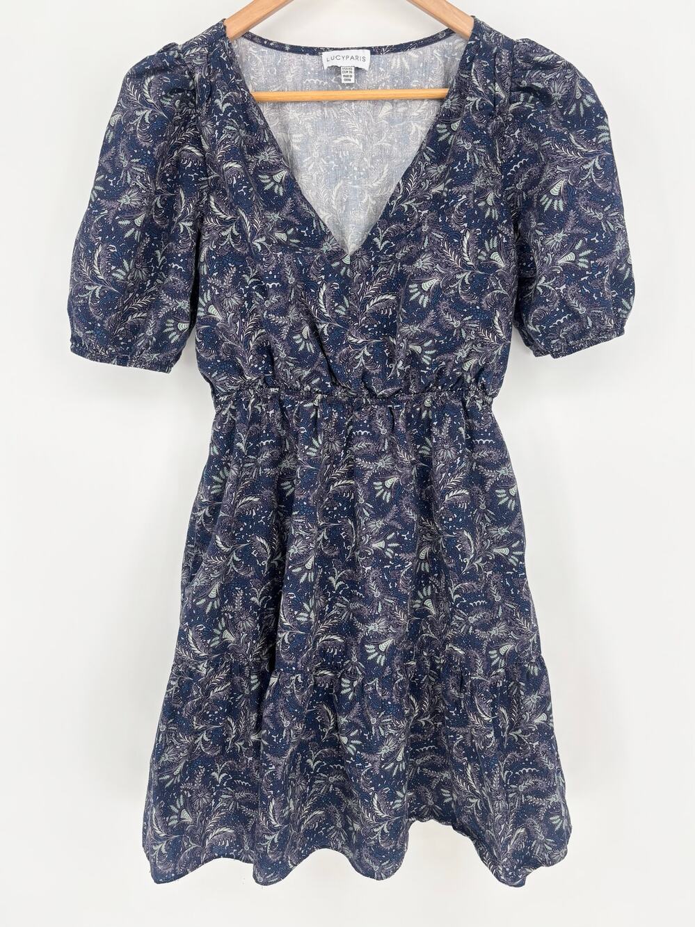 Lucy Paris Navy Blue Lucraissa Puff Sleeve V-Neck Tiered Floral Dress XS